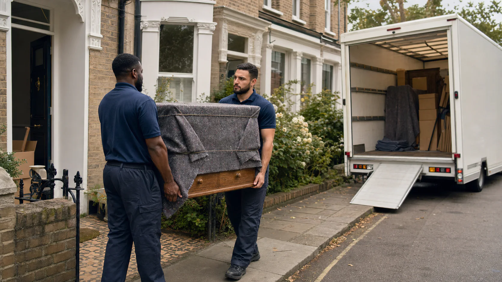 Professional movers loading a removal van on a London residential street