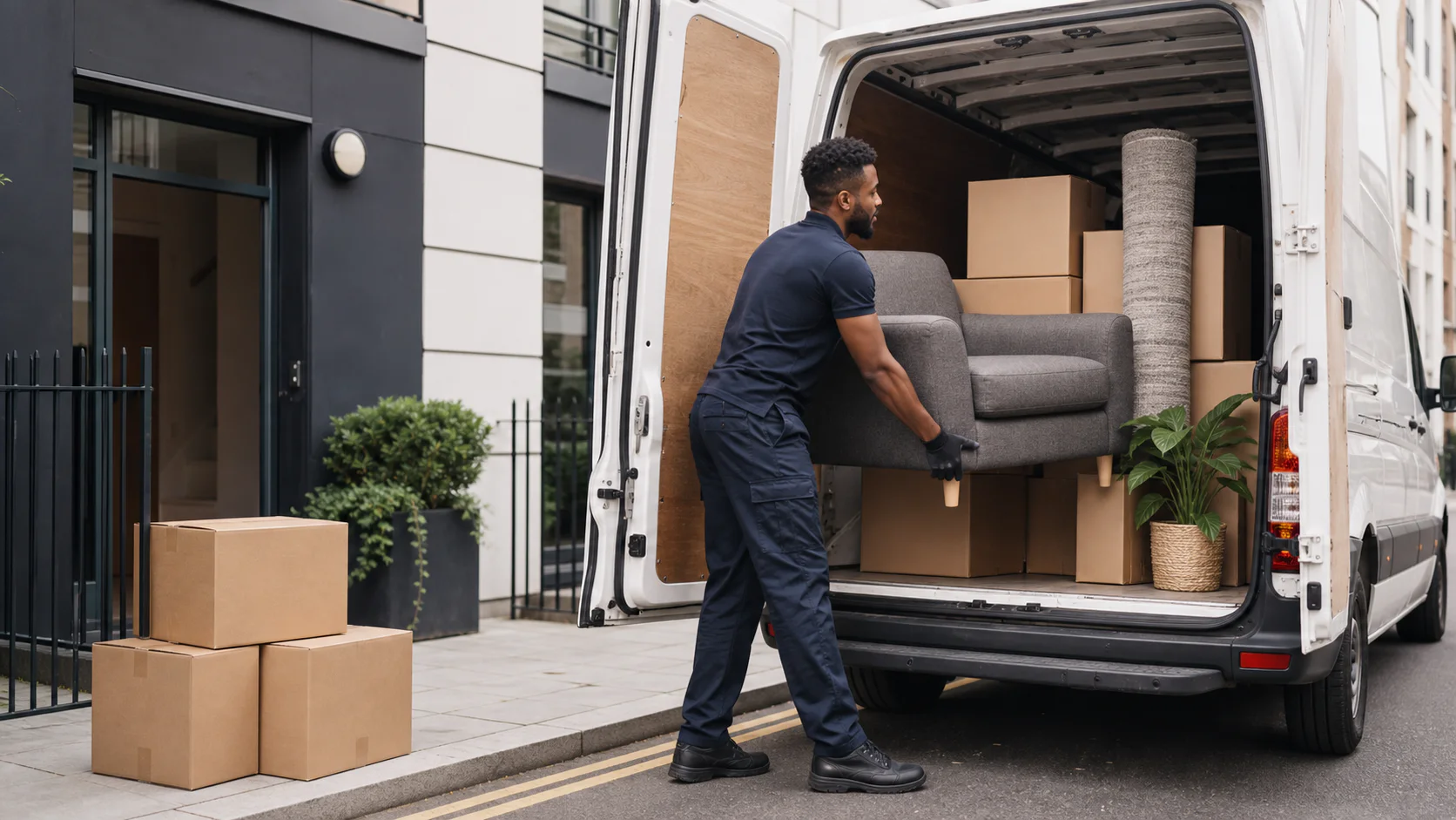 Man and van crew loading protected furniture into a Removals Nationwide Luton van