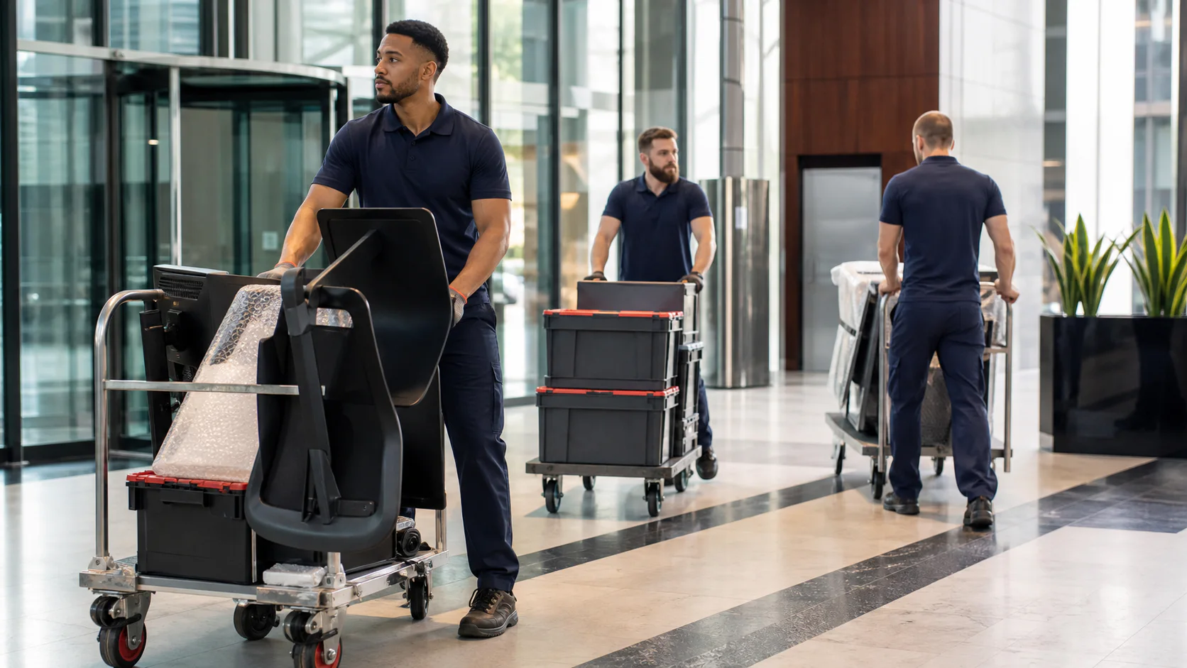 Office removals team relocating business furniture and IT equipment