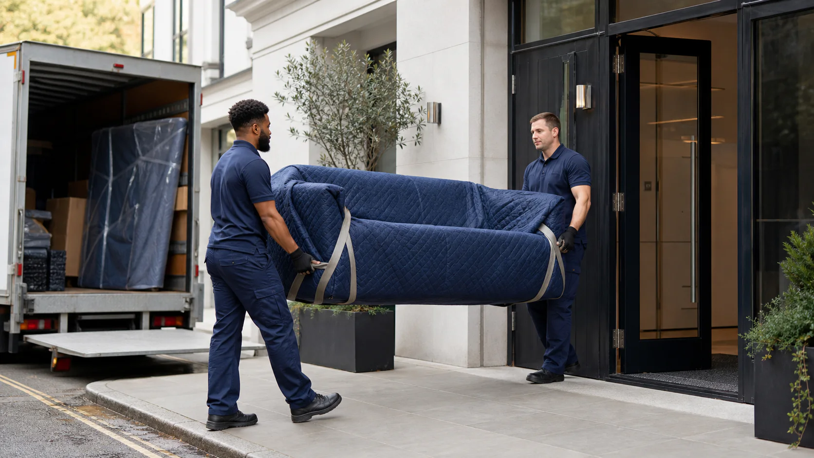 Movers carefully delivering a protected sofa