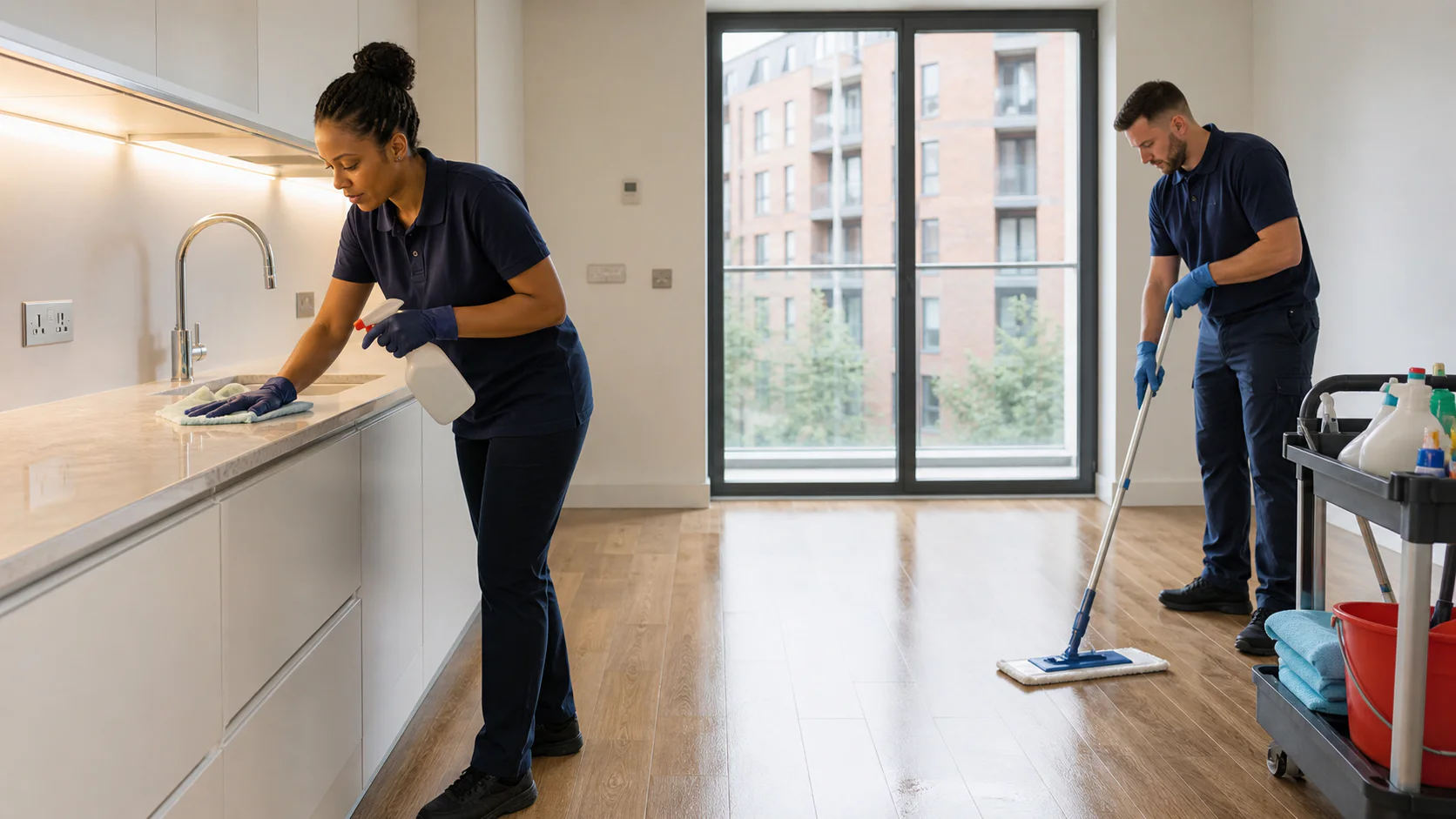 End-of-tenancy cleaning team working in a London flat