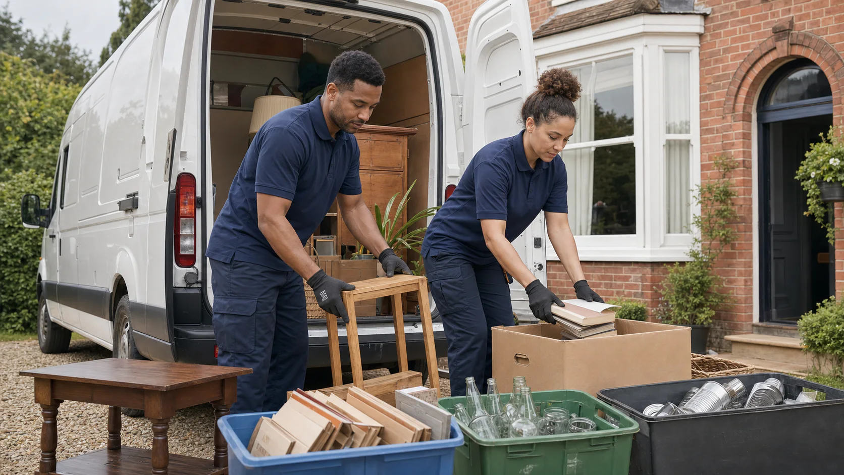 House-clearance team sorting reusable and recyclable items