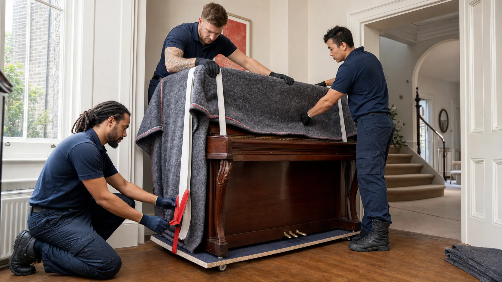 Specialist movers protecting an upright piano for removal